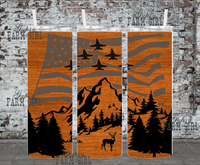 Rustic mountain tumbler with jets, American flag, and deer on 20 ounce tumbler