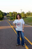 The Rural Route Graphic V neck Tee shirt with vintage red truck, farm road sign