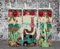 Rustic 20 ounce tumbler with vintage truck with wings, cow hide, roses, leopard print, turquoise, and cactus